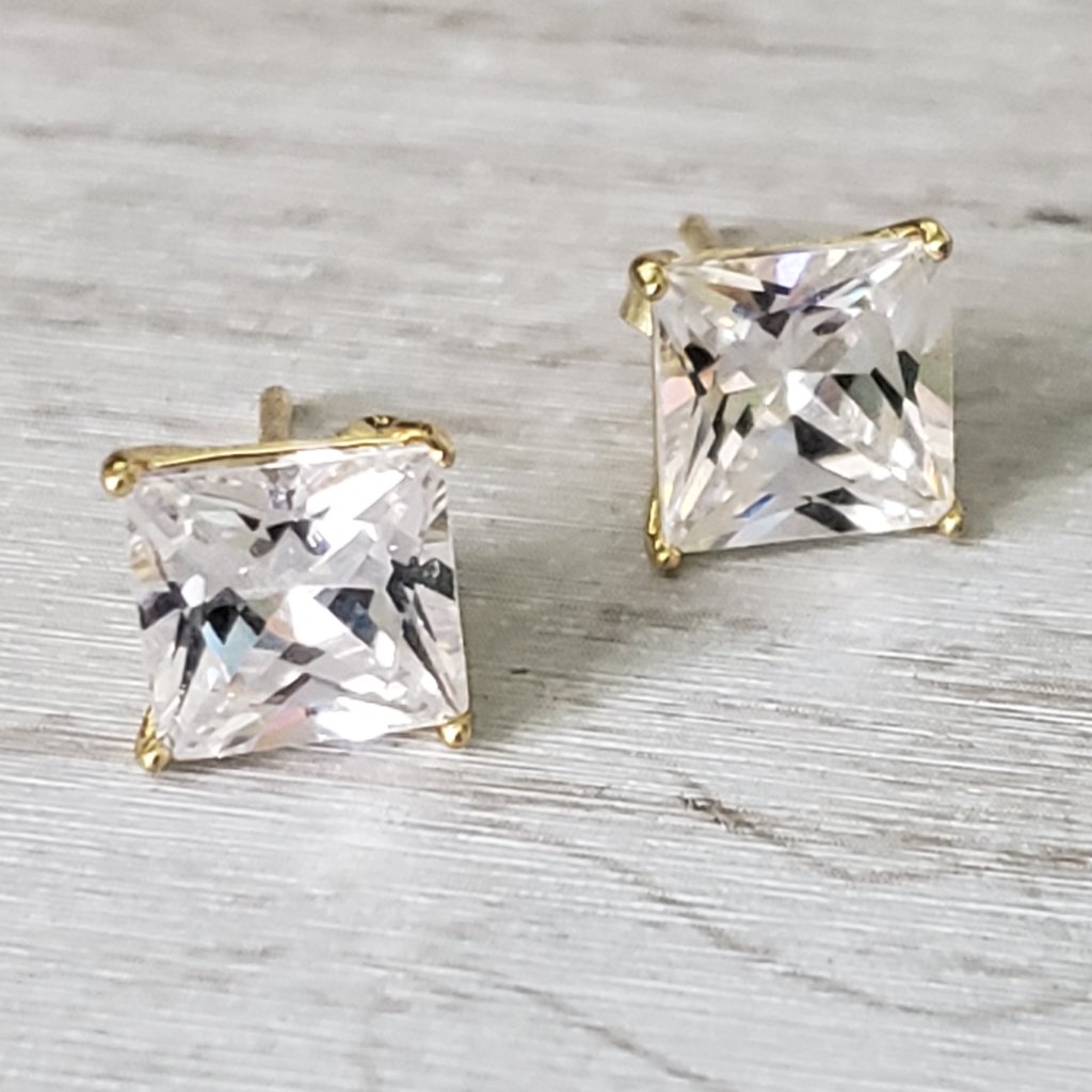 Jcm Square Princess Cut Cz Gold Stud Earrings 925